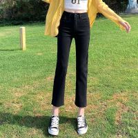 春夏秋新款牛仔裤子女宽松潮流2021高腰阔腿直筒显瘦百搭破洞裤装 506弹力直筒九分裤黑色 L 建议(109-118斤)