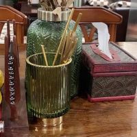 宫廷复古风绿色玻璃刷筒烫金描边化妆刷收纳桶家用简约插花瓶实用 绿色玻璃笔筒