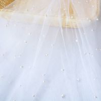 网纱钉珍珠布料仿珍珠加密柔软细纱婚纱布料头饰婚纱网布裙纱面料 珍珠网纱-白色 0.5米 X 0.5米