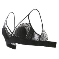 法式三角杯文胸无钢圈超薄内衣女大胸显小水晶杯性感蕾丝上托胸罩 黑色 70B 32B