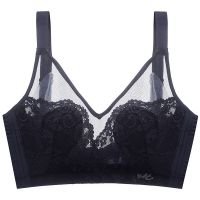 内衣女大码超薄款无钢圈大胸显小聚拢调整型透气蕾丝兔耳朵文胸罩 黑色[单件] 75A /34A