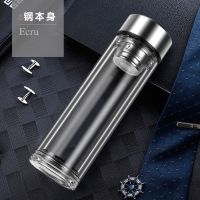 健喜双层玻璃杯男女士水杯便携杯子隔热带盖过滤网茶杯家用泡茶杯 钢本色 300ml平底