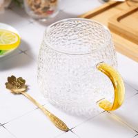 简约锤纹玻璃杯家用喝水杯女高颜值花茶杯咖啡果汁杯带把杯子套装 锤纹水杯400ml一个+樱花勺子