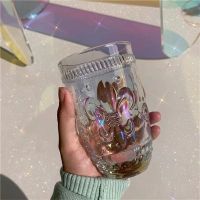 ins透明炫彩玻璃杯仙气花朵水杯杯子化妆刷筒收纳人鱼姬色彩色杯 高款-鸢尾花炫彩杯(送吸管一根)
