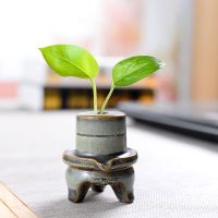 创意陶瓷花盆迷你小花插复古石磨桌面摆件家居室内装饰品特价 铜绿小石磨花瓶
