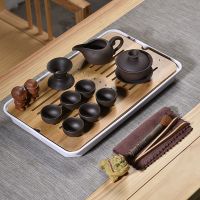 整套茶具茶盘功夫茶具套装家用办公招待茶器紫砂陶瓷盖碗半自动壶 10头黑紫砂盖碗密胺白大长方盘 17件