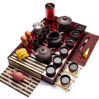 功夫茶具套装家用简约整套实木茶盘陶瓷紫砂冰裂茶壶茶杯茶台茶道 25全黑紫砂茶博士套装