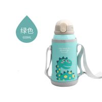 两用儿童保温杯带吸管不锈钢水杯小学生宝宝女幼儿园便携防摔水壶 绿色600ML送杯刷
