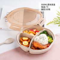 爱思得微波炉加热饭盒保鲜便当盒上班族大容量分隔塑料碗带盖带 圆形饭盒950ml麦色带勺