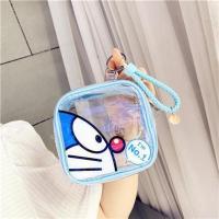 手提手拎时尚化妆包可爱日系韩国黄装袋女便携浴室化妆盒收纳盒大 蓝色叮当透明口红包(浅蓝绳)