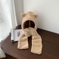 冬天小熊护耳朵帽子围巾一体女秋冬季百搭可爱骑车毛绒保暖韩版潮 米色(两件套)