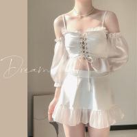 《懒懒》泳衣女夏2021新款小香风性感裙式分体遮肚显瘦平角仙女范 白色 M