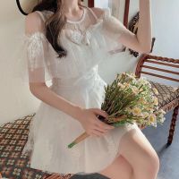 MOKI 仙女风白色连体裙式泳衣保守可爱少女荷叶边泡温泉泳装短袖 白色 M