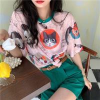送腰带/套装女夏2021新款韩版宽松短袖t恤高腰休闲阔腿短裤两件套 猫咪上衣 S 80-100斤