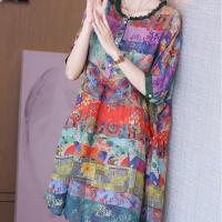 苎麻连衣裙女2021夏季新款韩版时尚减龄印花撞色宽松遮肚中长裙子 花色 M 85-95