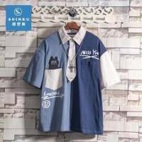 夏季POLO猫咪印花短袖T恤男装韩版潮流帅气半袖上衣ins潮牌短袖男 牛仔蓝 S