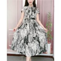 高端印花短袖连衣裙2021夏季新款百搭收腰显瘦减龄遮肚子大码裙子 水墨画 M (85-105斤)