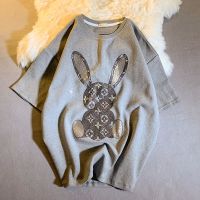 重工欧货t恤女短袖2021年新款洋气夏季设计感长款宽松胖妹妹 夏季款-浅灰色兔子 S