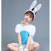 新款儿童小兔子表演服少儿卡通动物服小白兔舞蹈服装兔子演出服 白色连体发箍短款 兰肚 100 适合身高100厘米一下
