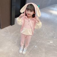 女童秋装套装2021年新款儿童装1秋季3女孩衣服4洋气兔子两件套5岁 粉红色 80