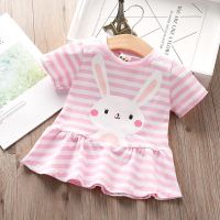 夏装女童短袖T恤新款儿童条纹裙下摆t恤衫宝宝小兔子印花上衣 粉色 110