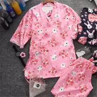 睡袍女夏季棉质浴袍衣女士中长款睡裙和服草莓睡衣日系薄款家居服 粉色樱花兔子和服 M 推荐80-100斤