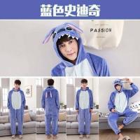 秋冬季恐龙卡通连体睡衣法兰绒可爱动物中学生长袖家居服女冬套装 蓝色史迪仔 如厕版 S[150-156]无鞋