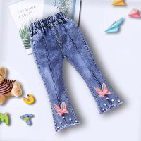 2021童装女童春装韩版花朵修身浅色牛仔裤中大童牛仔喇叭裤长裤潮 喇叭裤[兔子] 90[适合身高85-95cm]