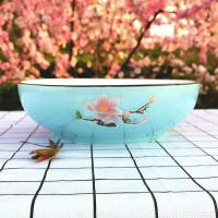 陶瓷和面盆家用老式传统加厚厨房大号揉面发面盆晒酱盆中号瓷盆 蓝色雕花 10寸直径25.5高8cm