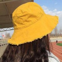 毛边渔夫帽女夏季新款大帽檐日系遮脸帽子韩版百搭遮阳时尚防晒帽 毛边黄色光板 M(56-58cm)