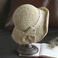 渔夫帽子女新款夏季凉帽韩版百搭蝴蝶结小沿草帽可折叠遮阳帽防晒 米色 均码(可调节56-58cm)