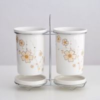 陶瓷调料盒辣椒罐酱醋壶调料瓶调味盒防霉沥水筷子盒筷子筒餐具架 金丝海棠-双筷筒(配底碟架子)