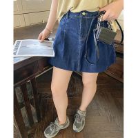 2021年新款胖mm牛仔短裙女特大码300斤显瘦高腰松紧腰a字裙裤潮24 深牛仔蓝 2XL 建议130-160斤