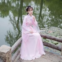 汉服女襦裙仙女粉色清新淡雅仙气古风大广袖原创古装演出服装秋季 粉红色 S 身高140-150