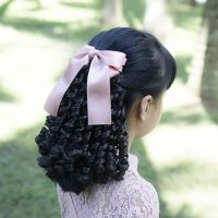 儿童假发头饰公主造型假卷发女童可爱长卷发新款小孩自然马尾发夹 韩粉色飘带蝴蝶结22厘米卷发