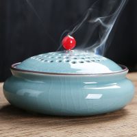 蚊香炉陶瓷大号蚊香架盘香炉熏香盒家用沉香插防火檀香炉香薰创意 三足粉青[瓷盖] 单炉送香插防火棉蚊香架