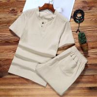 夏季棉麻套装男刺绣中国风短袖t恤男士宽松薄上衣服休闲男装短裤 卡其色(2扣短裤套装+手链) M 建议80-100斤
