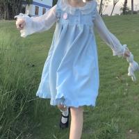 秋季日系学院软妹可爱木耳边小清新韩版宽松百搭背心裙少女连衣裙 蓝色木耳边飞飞袖背心裙 L