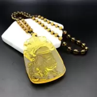 新款仿黄水晶龙牌关公项链佛珠男女款观音佛貔貅毛衣链款项链 黄色圆珠项链-关公