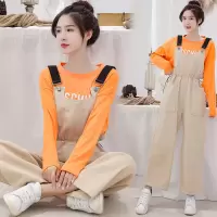 2021新款背带裤女学生韩版宽松休闲高腰直筒阔腿连体吊带裤工装裤 卡其色 背带裤面料升级(单件) XS (65-80斤)