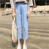 渐变破洞牛仔裤女夏季韩版ins高腰垂感直筒阔腿裤显瘦百搭拖地裤 蓝色[常规版] S