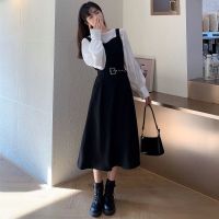 大码女装2021春夏新款衬衫背带连衣裙女胖mm中长款收腰显瘦两件套 黑色两件套 M 建议90-105斤