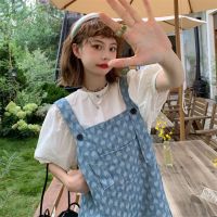 学院风泡泡袖圆领衬衫套装女2021夏季新款可调节爱心背带裙两件套 白色上衣[单件] S