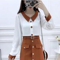 单/套装2021秋新款气质时尚长袖拼色雪纺衫高腰A字半身裙两件套女 单卡其上衣 S