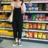 复古牛仔背带裤女秋季2021新款宽松长裤高腰阔腿裤学生韩版拖地裤 黑色 8069 S