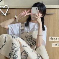 夏季新款港风韩版小熊工装背带连衣裙套装女学生+百搭短袖上衣潮 内搭上衣 S