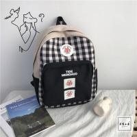 日系原宿童趣少女软妹书包可爱卡通小熊帆布格子背包学生双肩包女 格子小猪-黑色[有侧兜] 无挂件