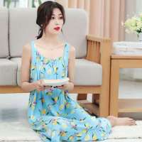 棉绸吊带夏季女青年薄款人造棉睡裙女学生宽松吊带睡衣女士连衣裙 天蓝水蜜桃 均码 80-150斤