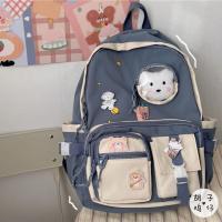 韩国ins可爱小熊学生书包女日系原宿古着感少女双肩包大容量背包 蓝色 单包无配饰