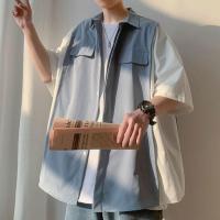 港风ins设计感小众衬衫男潮牌宽松夏季薄款套头衫五分袖衬衣男潮 C09蓝色 M [关注店铺优先发货]